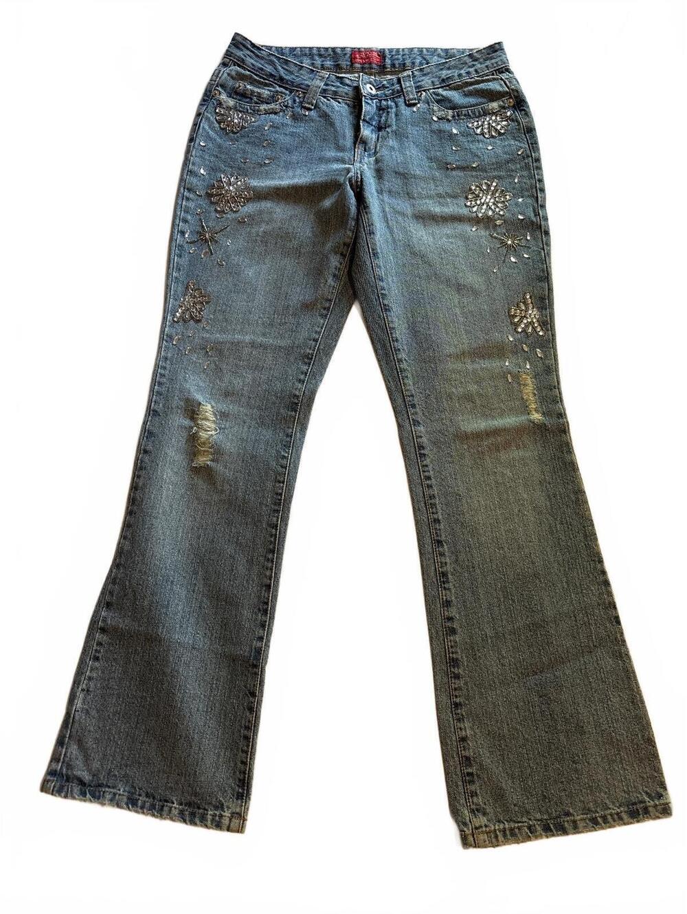 Vintage Y2K Guess Distressed Bedazzled Bootcut Jeans Rhinestone Snowflake 33x32"